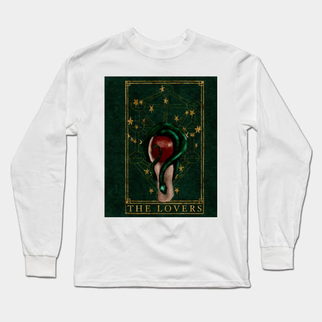 The Lovers Tarot Card Dark Green Snake Gemini Constellations Gold Foil Long Sleeve T-Shirt by penandbea